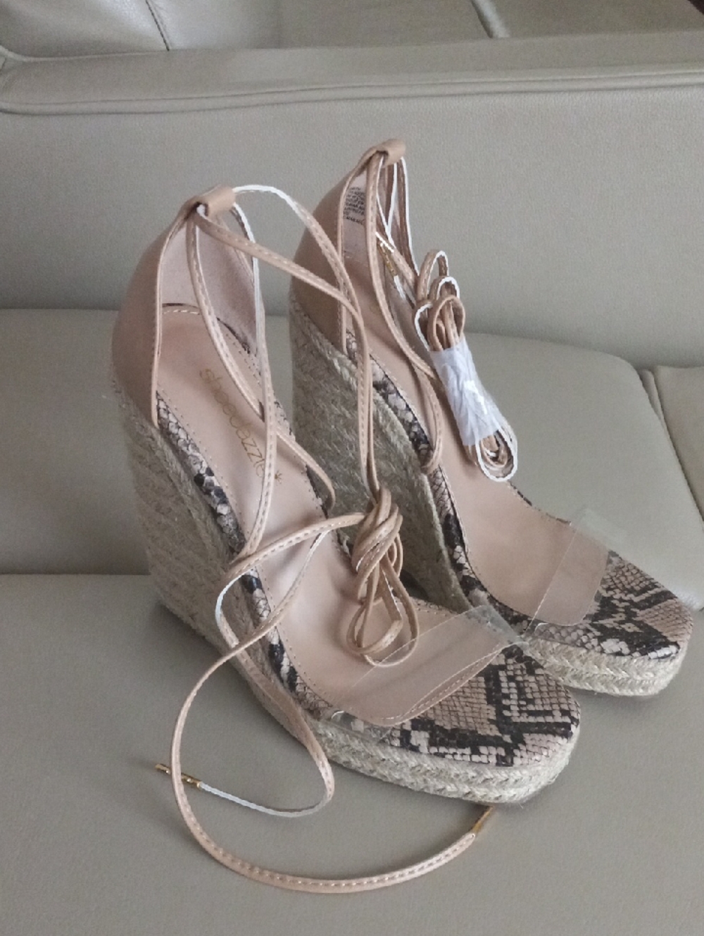Shoe Dazzle Nude Espadrille Wedges with Snake-Print Toe & Trim Detail Size 7